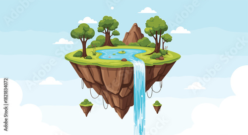 Fantasy cartoon landscape of a beautiful green floating island with a waterfall pond and trees in a blue sky with clouds.