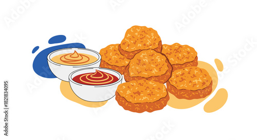 Pile of crispy golden chicken nuggets served with small bowls of ketchup and mustard dipping sauces on a white background.