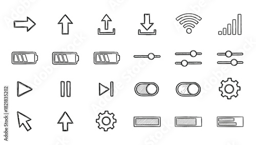 Hand drawn sketch icons for user interface elements and navigation controls