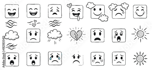Hand drawn collection of diverse cartoon faces expressing a wide range of emotions and symbols