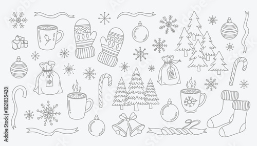 Whimsical hand drawn winter holiday elements collection featuring snowflakes ornaments and festive apparel