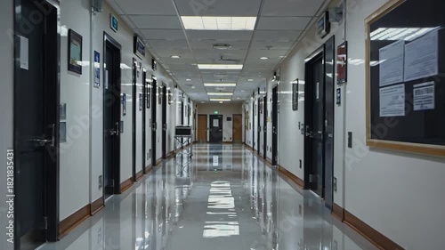 Hospital corridor with bright sterile lighting. Long hospital corridor under bright. Sterile clinic setting. Healthcare environment, medical sterility, clinical design, hospital infrastructure concept