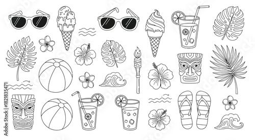 Collection of hand drawn tropical tiki bar drinks and decorations in sketch style