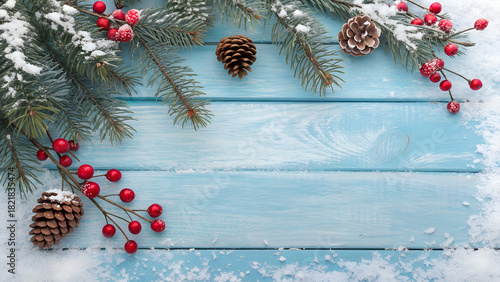 Winter holiday scene with blue wood background pine branches berries and pinecones
