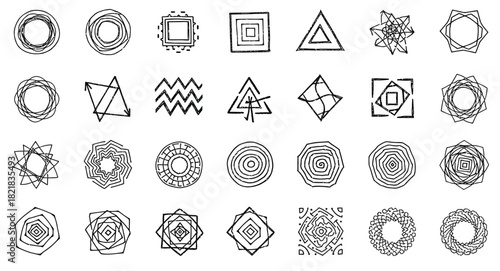 Collection of abstract geometric shapes with textured hand drawn lines and scribbles