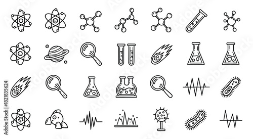 Hand drawn scientific icons representing chemistry biology physics and research concepts