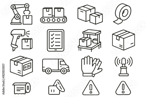 Alert warehouse van vector set conveyor gloves notification icon packing parcel scanner