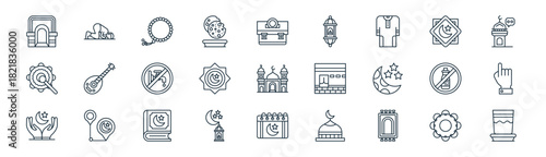 linear muslim icon pack. vector thin line icons collection such as daf, sujud, rosary, rub el hizb, muslim, faith in allah, calendar, water glass