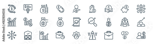 linear business and finance icon pack. vector thin line icons collection such as broken egg, bond, financial profit, piggy bank, money bag, gold bars, performance, income