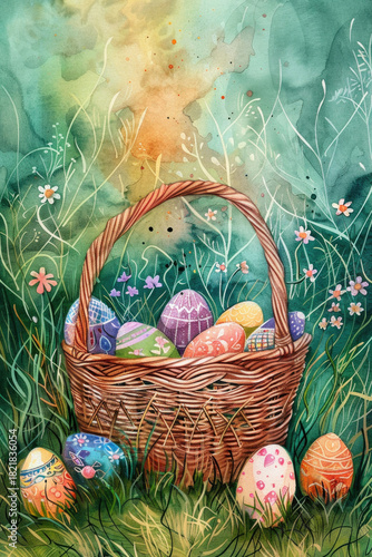 A wicker basket filled with colorful Easter eggs surrounded by a vibrant spring forest, glowing with warm sunlight