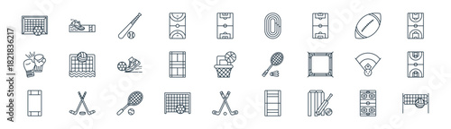 linear games and stadium icon pack. vector thin line icons collection such as ice hockey, running shoe, baseball, rugby, badminton court, basketball court, golf, volleyball