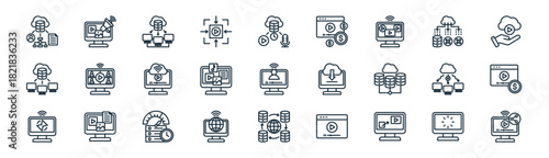 linear online streaming icon pack. vector thin line icons collection such as buffering, broadcast, cloud database, cloud service, multimedia, monetization, cdn, video sharing