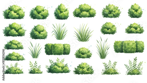 A lush collection of watercolor garden bushes and leafy shrubs, featuring diverse green foliage shapes, hedges, and decorative grasses