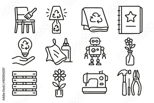 Upcycling creative icon reuse pallet bottle art tools glass diy vector set