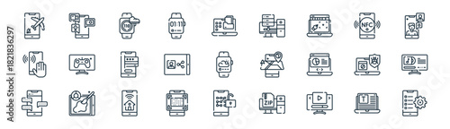 linear devices applications icon pack. vector thin line icons collection such as word processing, multimedia, step count,  , sharing, music, unlock, ting