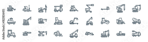 linear construction vehicles icon pack. vector thin line icons collection such as road grader, forklift, pile boring equipment, hoisting crane, paver, mixer truck, wheeled crane, cherry picker
