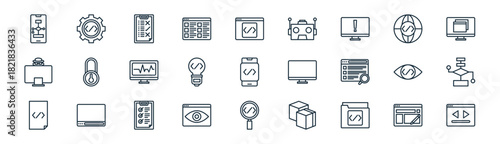 linear web programming icon pack. vector thin line icons collection such as web de, ting, clipboard, web programming, coding, flowchart, search, navigation