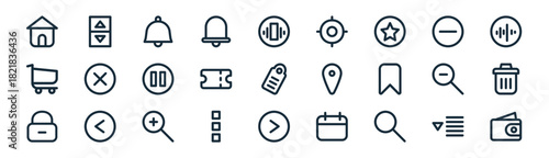 linear interface icon pack. vector thin line icons collection such as option, arrows, notification bell, minus button, validating ticket, trash bin, right, wallet