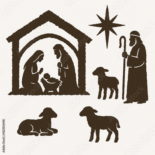 Premium torn vector nativity icons Holy Family shepherd lambs starburst stable white background illustration