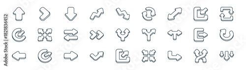 linear arrow icon pack. vector thin line icons collection such as shuffle, next, down arrow, minimize, fast, redo, expand, down