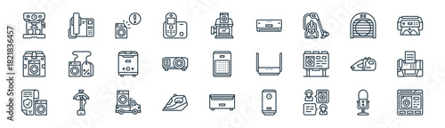 linear electronic devices icon pack. vector thin line icons collection such as microphone, phone, washing hine, heater, projector, fax, heater, website