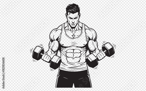 Powerful bodybuilder lifting dumbbells with intense focus for fitness motivation or sports apparel designs, showcasing strength and muscle definition in monochrome