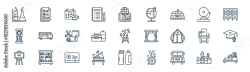 linear school icon pack. vector thin line icons collection such as cooking, exam, calendar, school bell, lunchbox, graduation, water bottle, book shelf