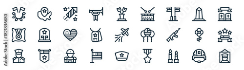 linear memorial day icon pack. vector thin line icons collection such as helmet, united states of america, fireworks, washington monument, dog tag, memorial day, military hat, photo