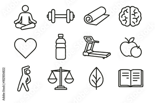 Nature fruit set icon meditation vector wellness brain treadmill dumbbell bottle heart