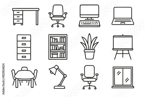 Lamp bookshelf plant desk filing set laptop chair icon vector icons office