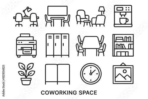 Icons vector room icon area lounge bookshelf shared desk clock space wall