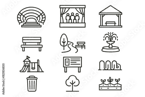 Pavilion icons bench spaces plot stage path icon bicycle garden vector tree