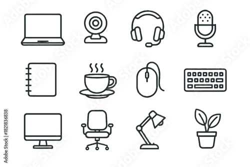 Mouse coffee headset vector work icon desk notebook monitor cup essentials chair