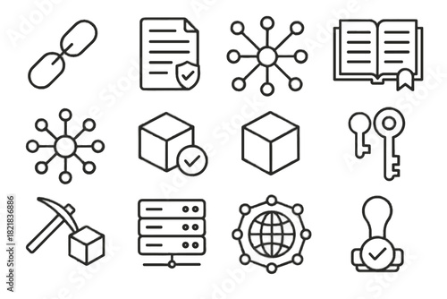 Block cryptography contract validation decentralized stamp mining pick set blockchain icon vector