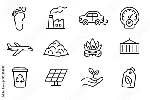 Container panel planting icons footprint coal eco carbon tree icon vector factory