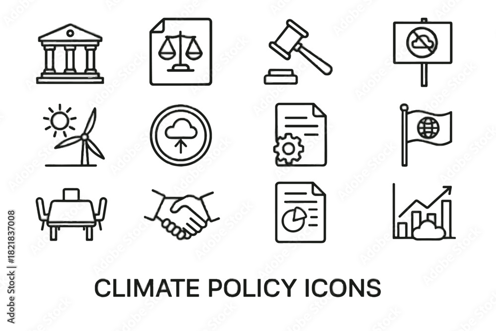 Fototapeta premium Emission policy international vector building flag document icon icons government climate gavel