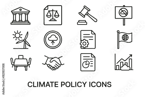Emission policy international vector building flag document icon icons government climate gavel