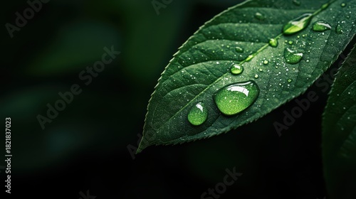 A mesmerizing close-up of a green leaf adorned with glistening water droplets, encapsulating the beauty of nature and the refreshing essence of a tranquil morning.