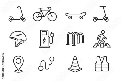 Micro vest safety icon scooter crossing rack kick traffic mobility map vector