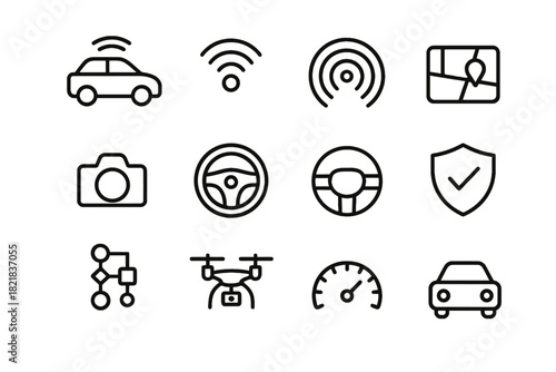 Icons sensor waves steering algorithm autonomous icon camera vector drone car shield