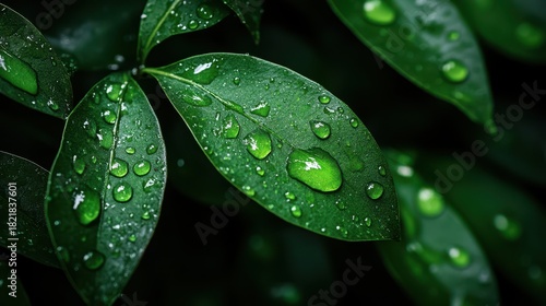 This image features vibrant green leaves glistening with water droplets, showcasing the freshness and vibrancy of nature right after a soothing rainfall.