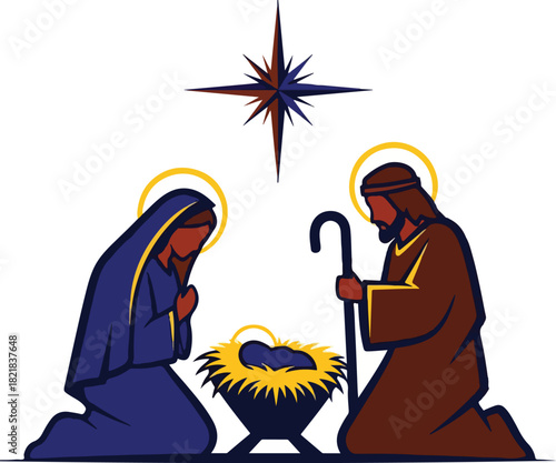 Sacred Nativity: A symbolic representation of the Holy Family, with Mary and Joseph tenderly observing the infant, all under a guiding star. 