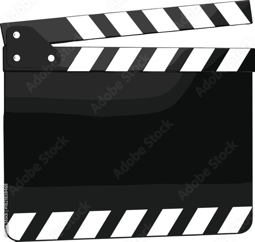 Film clapperboard vector illustration, movie production icon, filmmaking tool, cinema scene marker, black and white silhouette, open position, creative industry symbol