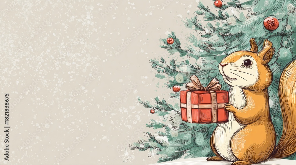 Naklejka premium a squirrel with a gift against the background of a Christmas tree.