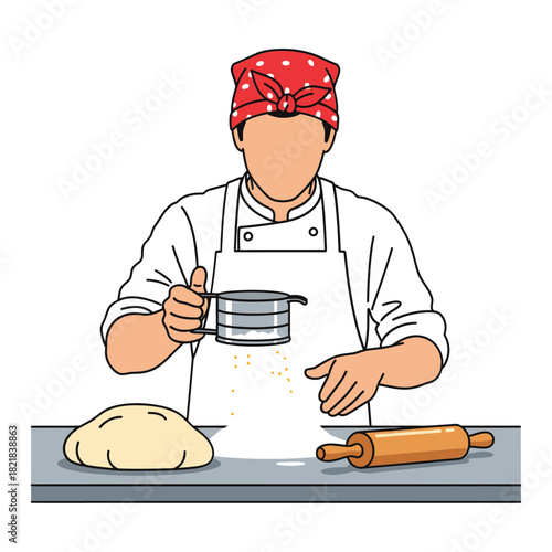 Baker sifting flour onto dough preparing for baking vector illustration typography t shirt design