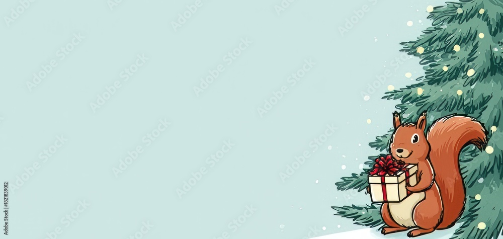Naklejka premium a squirrel with a gift against the background of a Christmas tree.