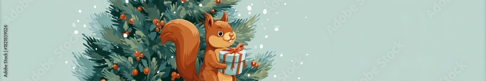 Obraz premium a squirrel with a gift against the background of a Christmas tree.