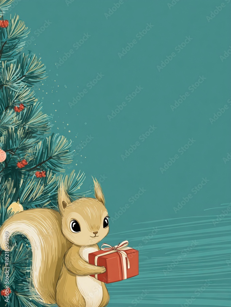 Fototapeta premium a squirrel with a gift against the background of a Christmas tree.