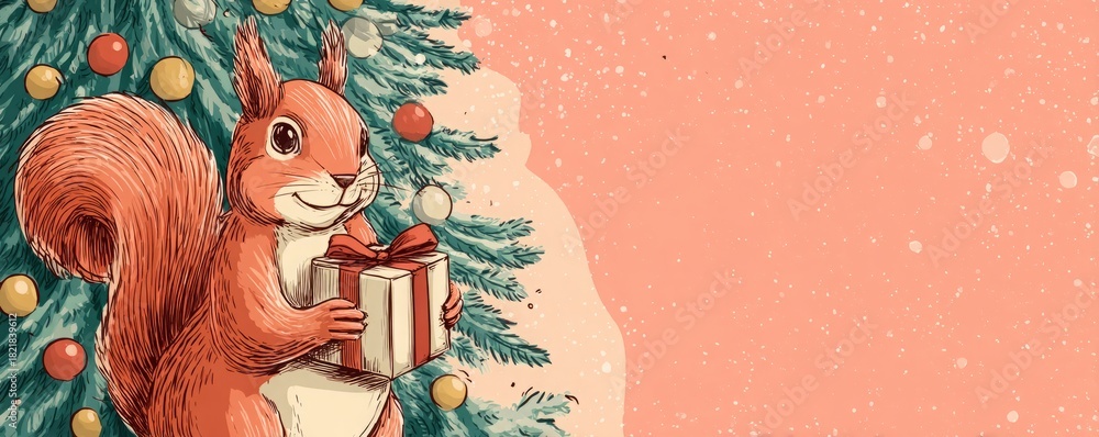 Obraz premium a squirrel with a gift against the background of a Christmas tree.