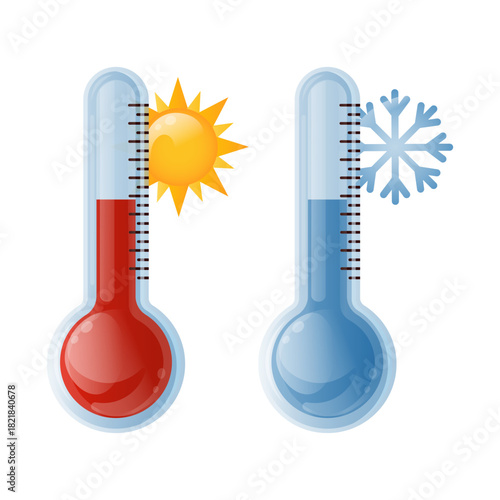 Thermometers 3D isolated on white background.Temperature icons. Low and hot temperature icons with snowflacke and sun.Element for websites, logo, weather forecast.Red thermometer.Vector illustration.